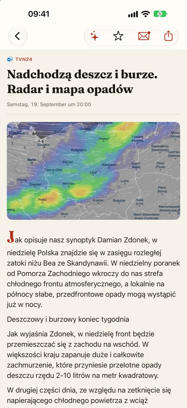Ein Artikel von TVN24 im Lesemodus, mit Wetterkarte und roter Initiale.
