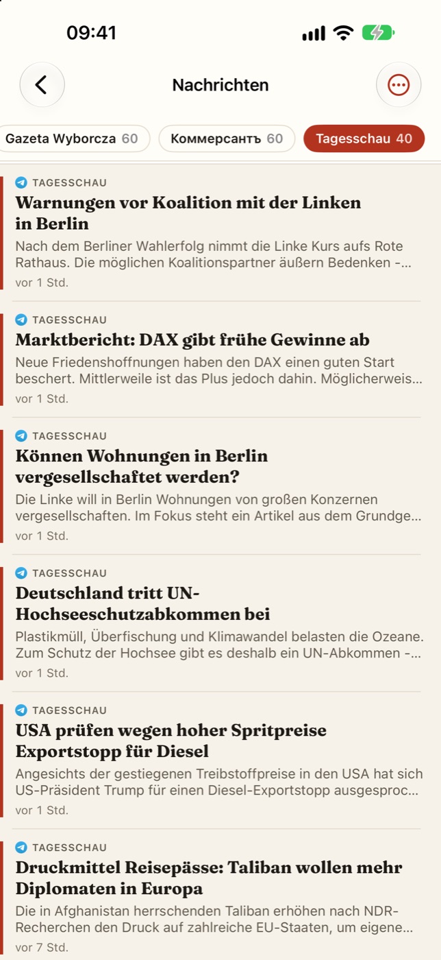 Die Rubrik Nachrichten mit Meldungen aus dem Telegram-Kanal der Tagesschau.
