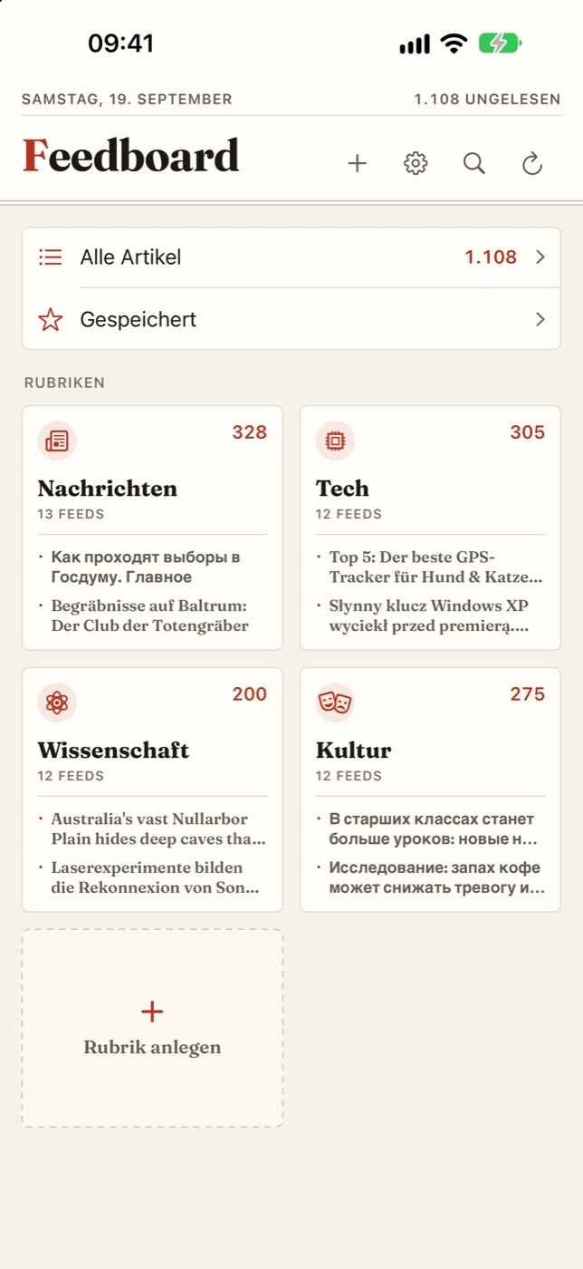Feedboard’s front page: four categories as tiles, each with its latest headlines.