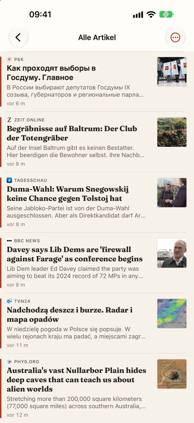 The list of all articles, with headlines in Russian, German, English and Polish.